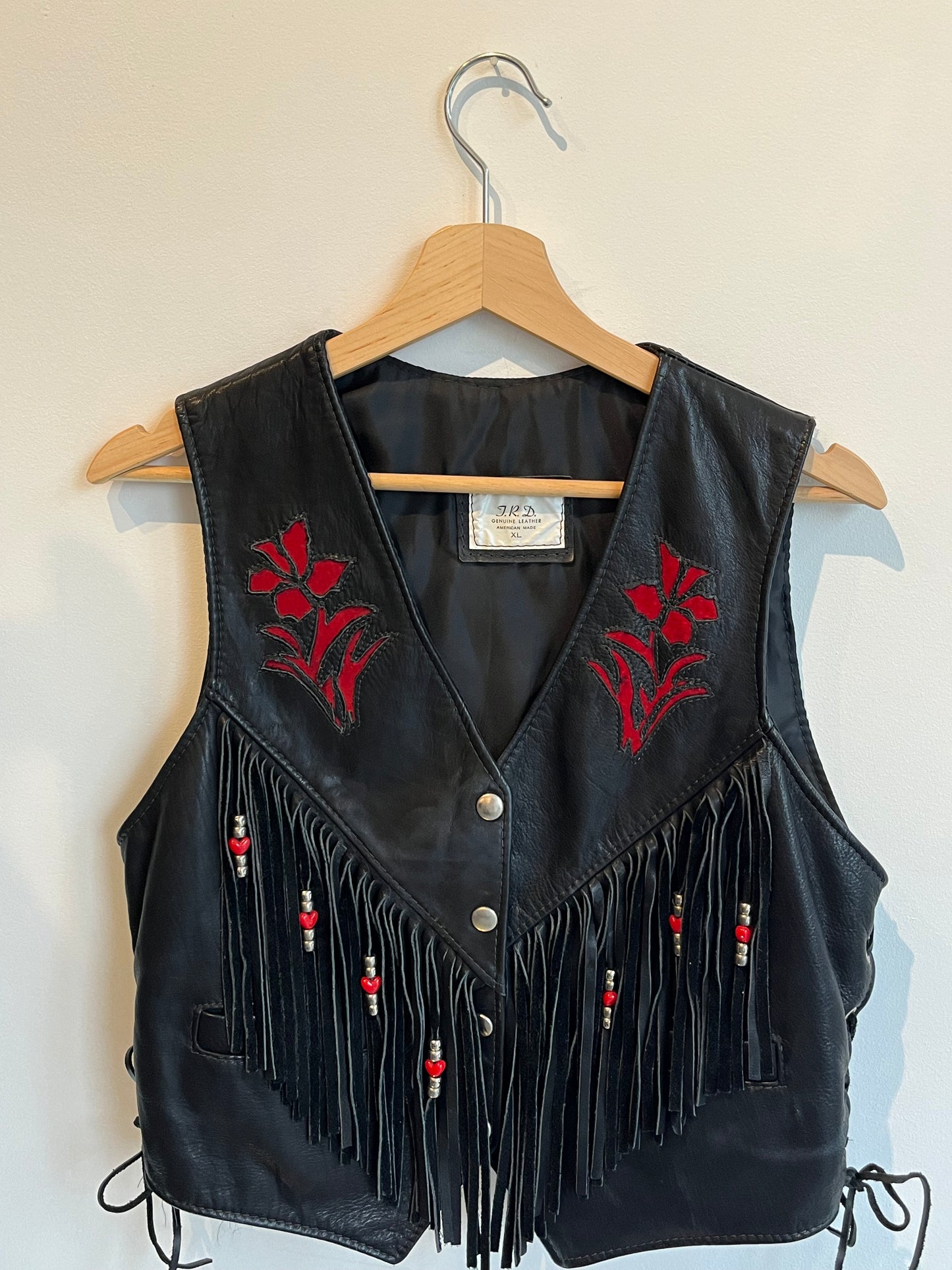Black & Red Leather Western Vest w Fringe