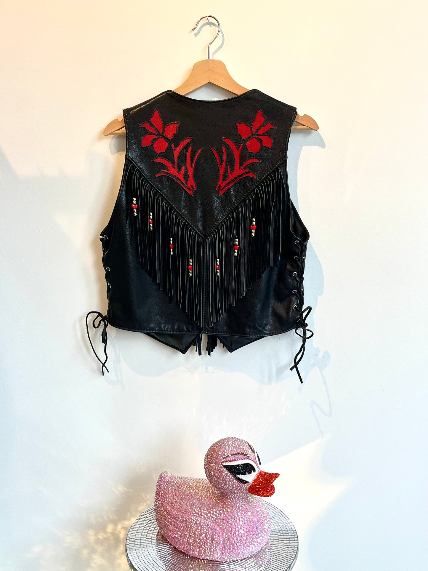 Black & Red Leather Western Vest w Fringe