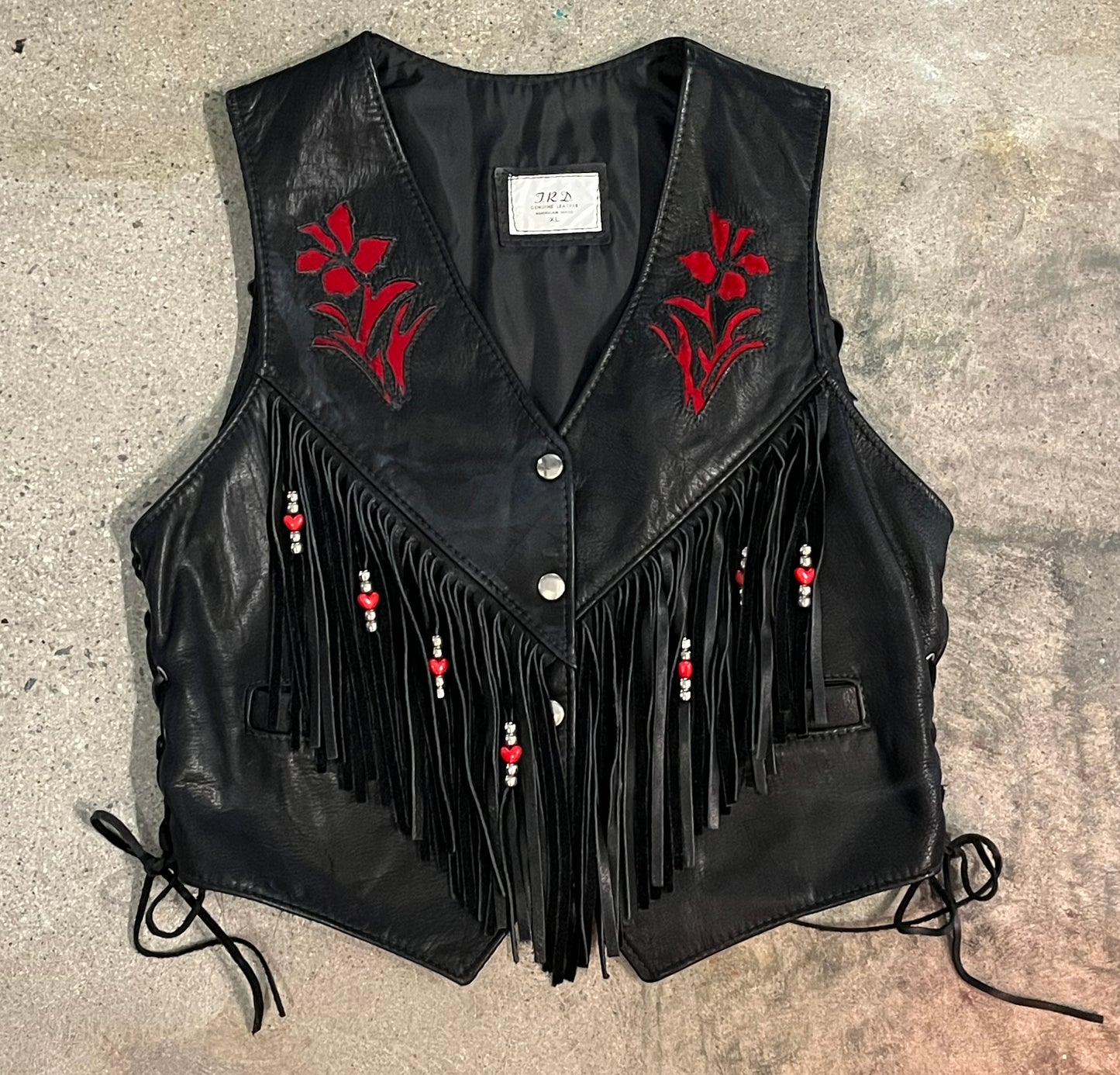 Black & Red Leather Western Vest w Fringe