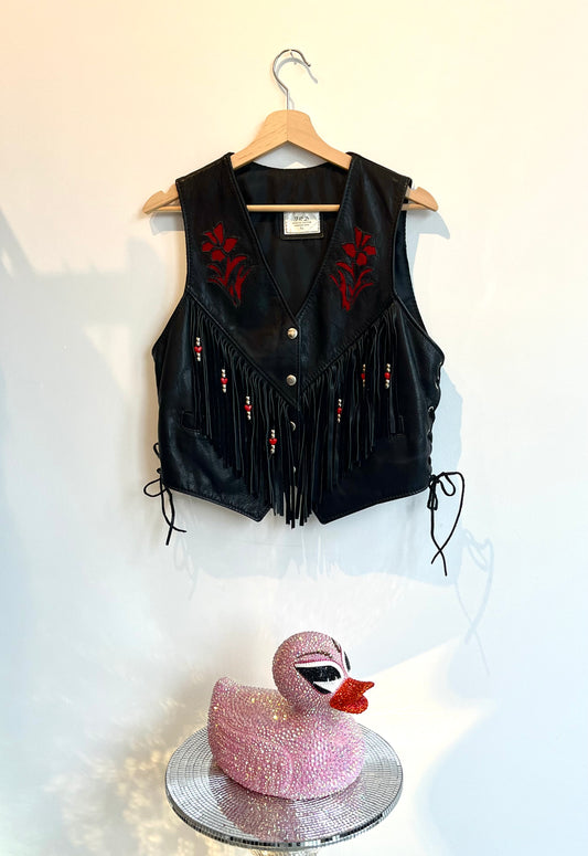 Black & Red Leather Western Vest w Fringe