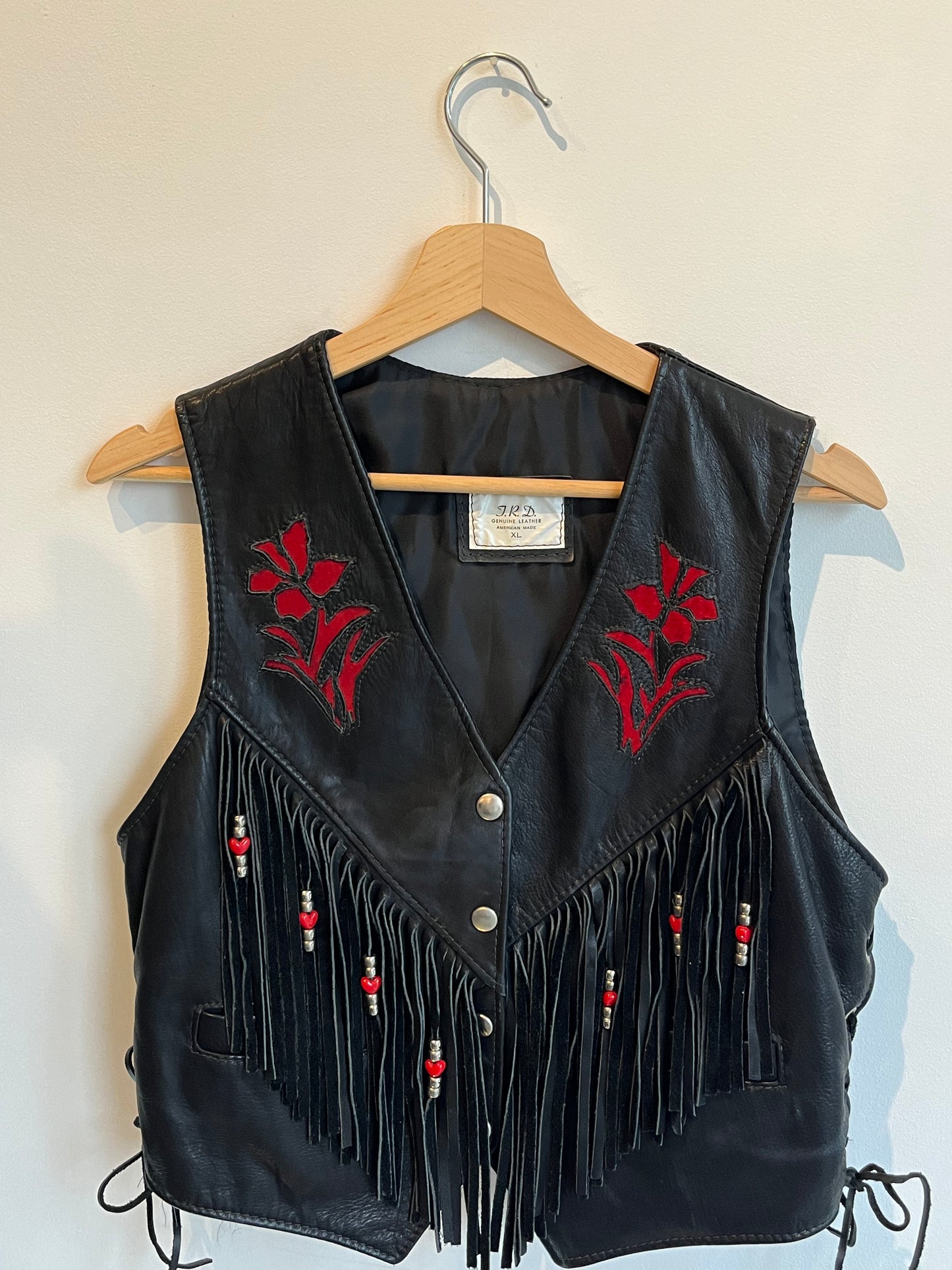Black & Red Leather Western Vest w Fringe