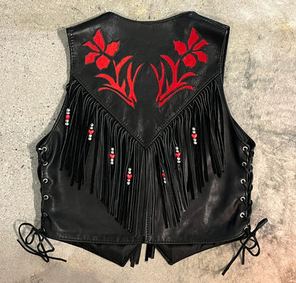 Black & Red Leather Western Vest w Fringe