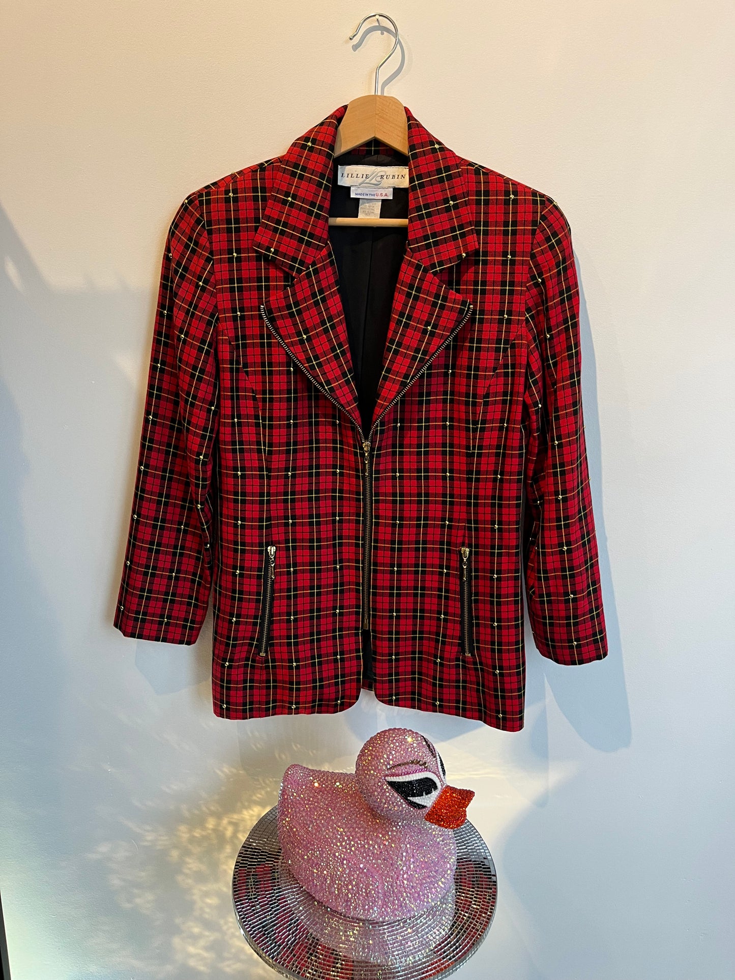 Red Tartan Plaid Women's Jacket with Gold Studs