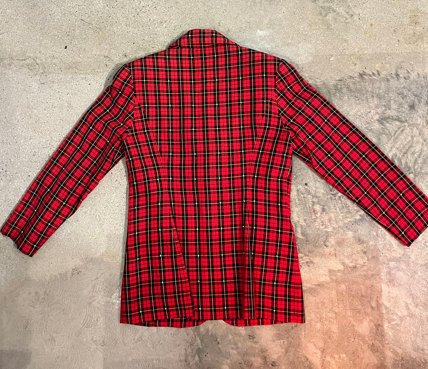 Red Tartan Plaid Women's Jacket with Gold Studs