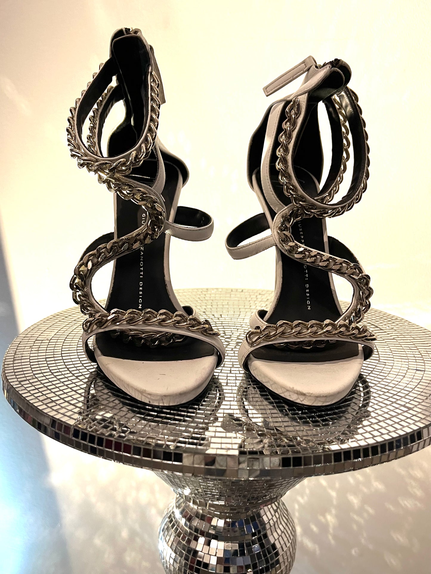Guiseppe Zanotti White Heels with Silver Chain